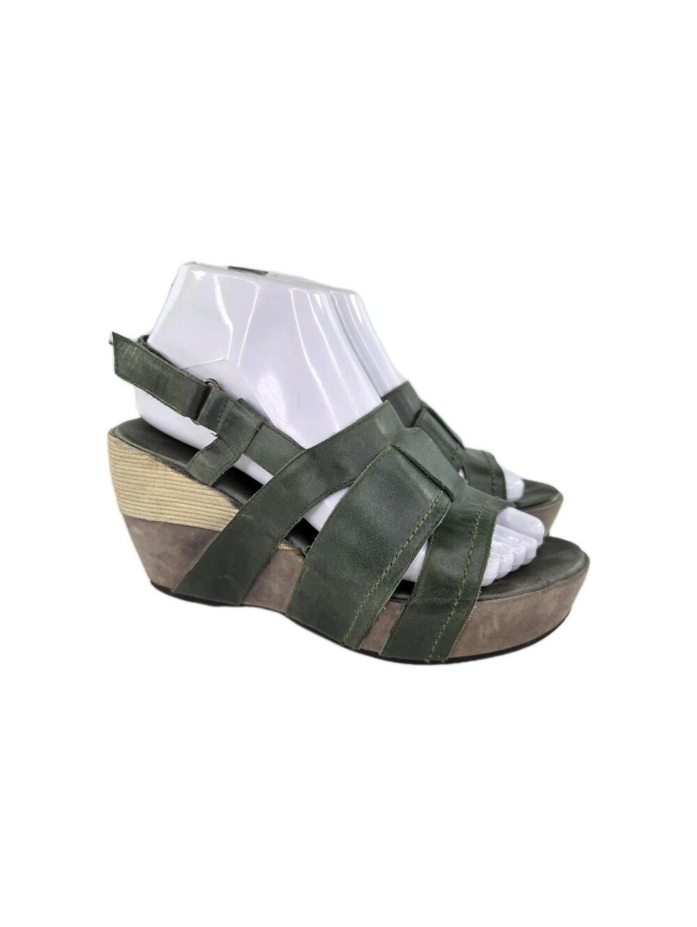 Antelope Collection Wooden Sandals Size 37 Green Leather Wedge Platform Shoes